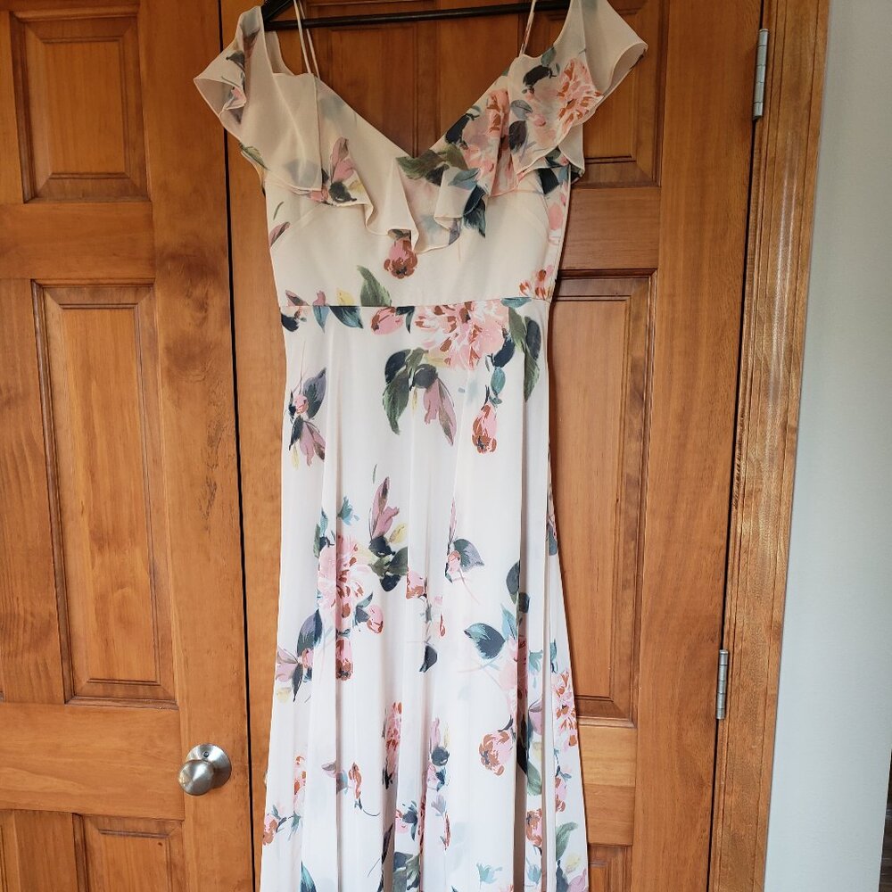 Jenny Yoo Women's Mila Ruffle Off The Shoulder Floral Chiffon Gown size 8 NWT